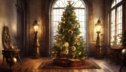 Wall Mural - christmas tree with steampunk decoration