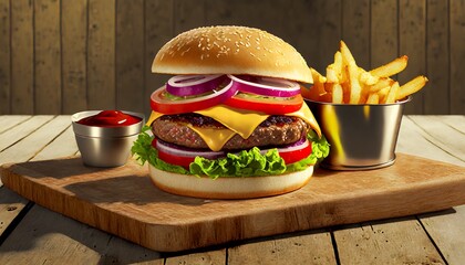 Wall Mural - generative ai image of yummy burger with grilled meat topped with vegetables tomatoes ketchup sliced onions cheese fresh lettuce and soft buns placed on board with fries