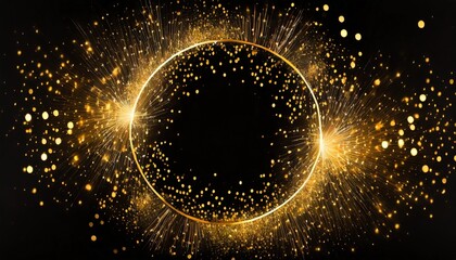 gold circle frame firework confetti of light golden spark particles on black background