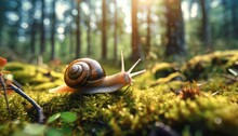 Walking Snail In The Forest On Moss 