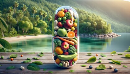 Wall Mural - clear capsule overflowing with essential multivitamins and dietary supplements, surrounded by an array of colorful, fresh vegetables and fruits, symbolizing a health-conscious lifestyle choice.