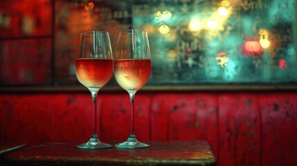  two glasses of wine sitting on a table in front of a red wall with a blurry window behind it and a red table with a red cloth on it.