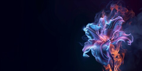 Wall Mural - blue purple hibiscus flower made of fire flames on black background. 