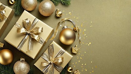 Wall Mural - new year card with christmas gift boxes and golden decorations on khaki background