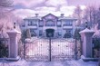 A luxurious house in a soft, pastel violet hue, flanked by a modest backyard. The wrought iron gate is a testament to modern elegance. Captured in the serene atmosphere of a late winter morning