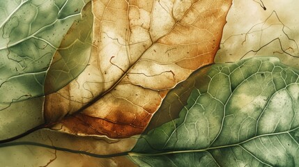 Wall Mural - Generative AI, Abstract watercolor green leaf veins. Drawn poster design with green, brown and beige colors.