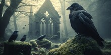 Fantasy Illustration Of A Old Church With Raven