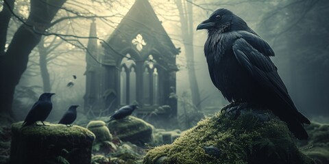 fantasy illustration of a old church with raven