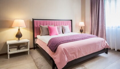 cozy pink bedroom corner with baby pink velvet fabric bed decorated by blanket pillows and pink floor lamp with two tone beige painted wall on the background interior bedroom furniture concept