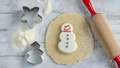 Wall Mural - sugar cookie dough with snowman cookie cutters and rolling pin