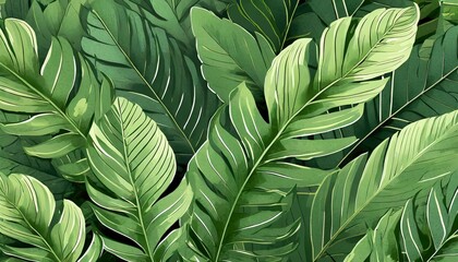 Wall Mural - a pattern of tropical hand drawn leaves green tropics interior printing