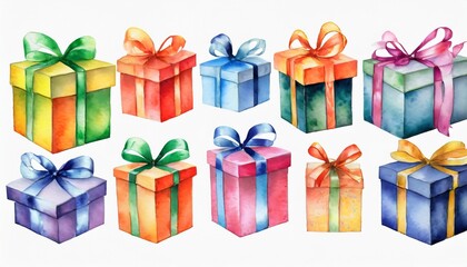 Wall Mural - watercolor illustration of gift boxes collection on background watercolor multicolor set with many gift boxes