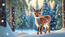 Cute Baby Deer In Winter Forest Horizontal Christmas Card 
