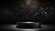 black dark podium backdrop for product promotion with stone texture and metallic colors on black background