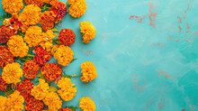 Yellow And Orange Marigolds On Blue Wall