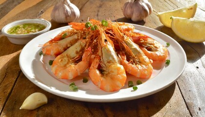 Wall Mural - fried shrimp with garlic close up