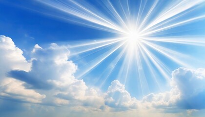 Wall Mural - sun light rays or beams bursting from the clouds on a blue sky spiritual religious background generative ai