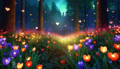 Wall Mural - illustration of glowing flowers on forest night background with heart love shaped forest wallpaper