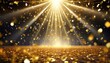 golden confetti shower cascading onto a festive stage illuminated by a central light beam mockup for events such as award ceremonies jubilees new year s parties or product presentations