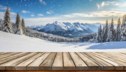 Wall Mural - empty table in beautiful winter landscape wood plank board in snow mountain outdoor comeliness