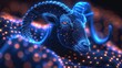  a close up of a ram with a lot of dots on it's face and a string of lights around it's neck and it's neck.