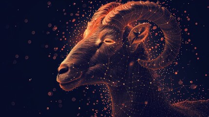  a close up of a ram's head on a black background with small dots of light coming out of the ram's horns and the ram's horns.