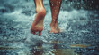 © Olivia - Close up photo of a man's feet stepping on water, water splashing, short exposure, shallow depth of field