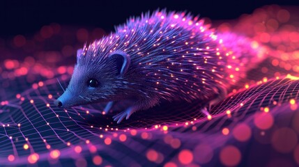  a close up of a small rodent on a surface with a lot of lights in the background and a blurry image to the left of the rodent.