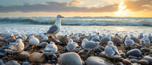 Seagulls Gathering On Pebbled Beach At Sunset: A Serene Nature Scene With Waves And Warm Light