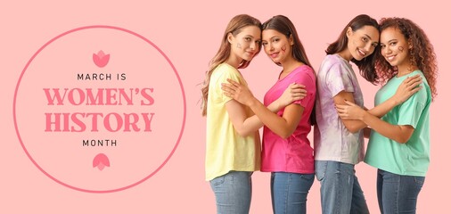 Banner for Women's History Month with different young girls on pink background