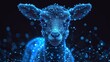  a close up of a sheep's face on a dark background with lines and dots in the shape of a cow's head and the image is glowing blue.