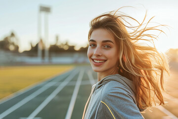 Wall Mural - Handsome sportswoman running at stadium