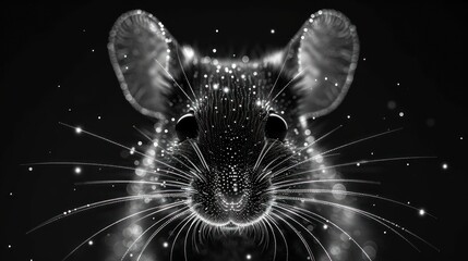  a black and white photo of a mouse's face with sparkling lights on it's face and ears, with a black background of stars and sparkles.