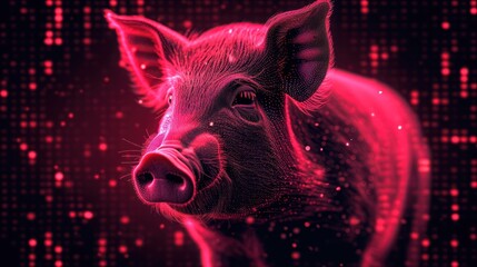  a close up of a pig's face in front of a background of red and black dots and lines with a red light at the end of the pig's head.