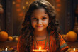 Portrait of a little girl 8 years old at the Diwali festival, the traditional Indian festival of Diwali, blurred bokeh in the background