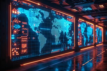 A detailed digital world map displayed in a control center for global cybersecurity monitoring, with dynamic lighting reflecting real-time data breaches and cyber attacks