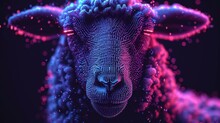  A Close Up Of A Sheep's Face With A Blue And Pink Pattern On It's Face And It's Face Is Surrounded By Pink And Purple Dots.