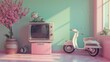 old television in pink color and old stuff writer radio scooter bicycle in colorful pastel tone 3d rendering