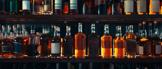 Fototapete - Backlit bottles of spirits on a bar shelf, highlighting a variety of refined alcoholic beverages