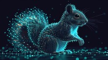  A 3d Rendering Of A Squirrel Sitting On Its Hind Legs In Front Of A Black Background With Blue And Green Dots And Lines That Are Connected To The Right Side Of The Squirrel.