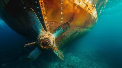 Sticker - Propeller and rudder of big ship underway from underwater. Close up image detail of ship. Transportation industry. Freight transportation. Ship repair, underwater survey and shipping business concept