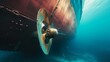 Propeller and rudder of big ship underway from underwater. Close up image detail of ship. Transportation industry. Freight transportation. Ship repair, underwater survey and shipping business concept