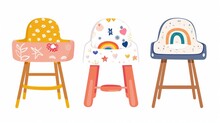 Set Of Baby High Chair With Different Patterns. Feeding Seat For Infant With Print Of Stars, Rainbow, Heart, Chamomile. Apple Puree On The Table. Cartoon Hand Drawn Vector. All Items Are Isolated