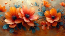  A Painting Of Orange Flowers With Blue Leaves On A Yellow And Orange Background With Water Drops On The Petals And Leaves On The Bottom Of The Petals, And The Petals On The Top Of The.