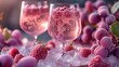  a close up of two wine glasses filled with ice and raspberries on a bed of ice next to a bunch of raspberries on top of ice.