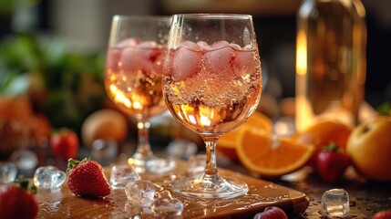  a close up of two glasses of wine with ice and strawberries on a table with oranges and a bottle of wine on the other side of the glass.