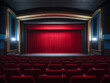 a theater with red curtains and a black wall