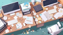Top View Of Dirty And Clean Office Workers Desk. Working Process, Computer, Stacks Of Documents And Stationery Tidy And Messy. Office Workspace, Cartoon Flat Illustration. Vector Set
