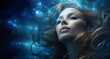 © goami - dreamy night portrait of beautiful young woman on sky with stars and galaxy background, female with waving hairs