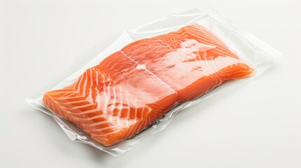 vacuum packaging with a piece of pink salmon fish on a white background